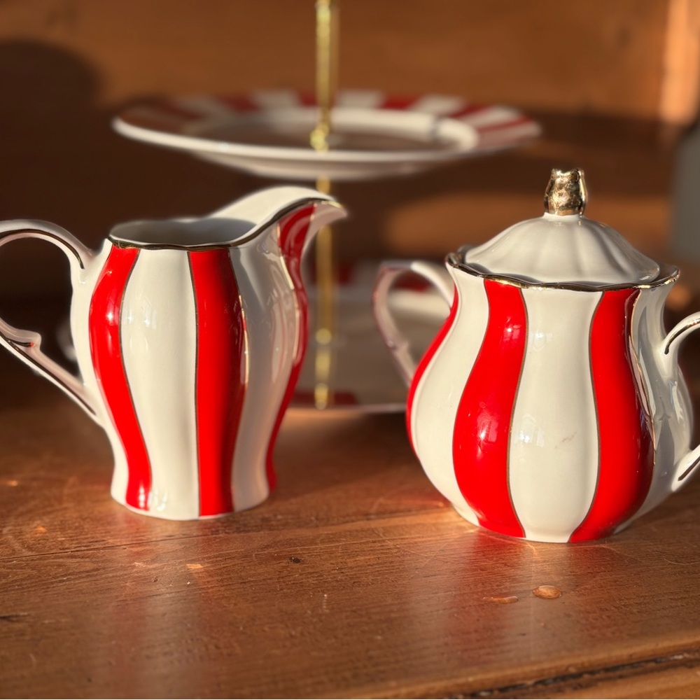 Elegant Red and White Striped Ceramic Creamer and Sugar Set